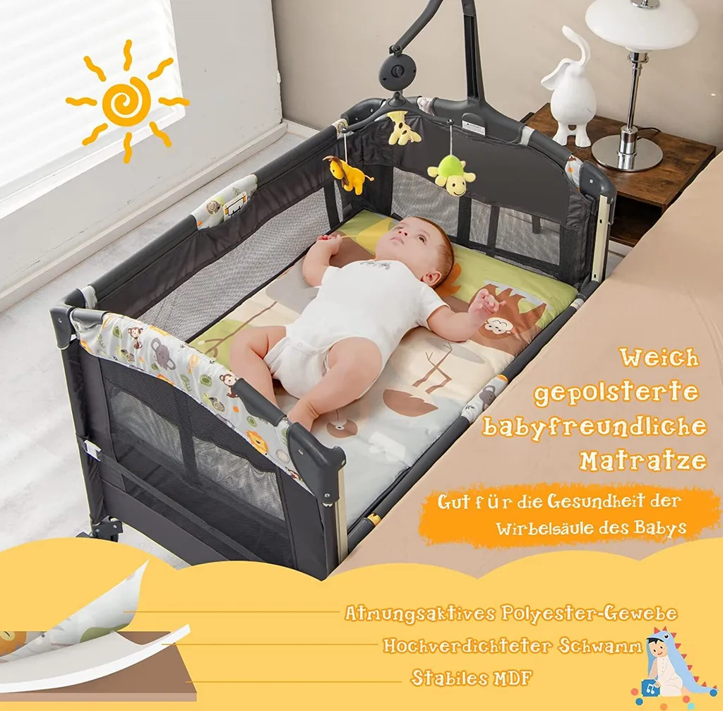 COSTWAY 4 In 1 Klappbares Reisebett & Beistellbett & Wickeltisch & Laufstall Rollbar, 2 Ebenen Babybett Inkl. Spielbogen, Matratze, Wickelauflage, Windelaufbewahrung Und Spieluhr (Hellgrau) â Bild 6