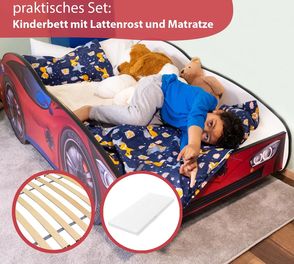 Alcube® Autobett 80x160 Cm PKW Spider CAR Mit Matratze Und Lattenrost Spielbett Kinderbett 80x160 Cm Für Kleine Spinnenmann - Rot – Bild 3