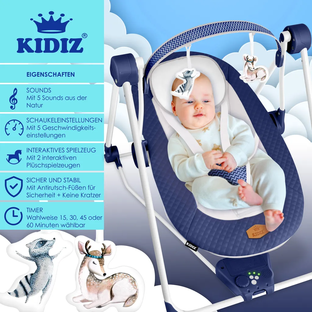 KIDIZ® Babywippe Babyschaukel Mit 5 Geschwindigkeitseinstellungen Zusammenklappbarer Baby Wippe Schaukel Babyhochstuhl Mit Spielbogen Spielzeugen 5 Beruhigende Naturgeräusche Neugeborene, Farbe:Navyblau – Bild 4