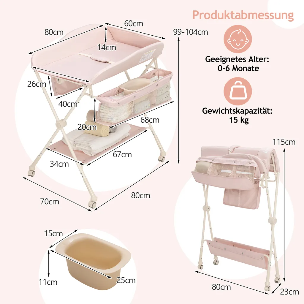 COSTWAY Klappbare Wickeltisch, Höhenverstellbarer Wickelstation Mit Stauraum & Abnehmbaren Feststellbaren Rädern & Sicherheitsgurt & Wasserbecken, Mobile Wickelkommode Für Baby (Rosa) – Bild 5