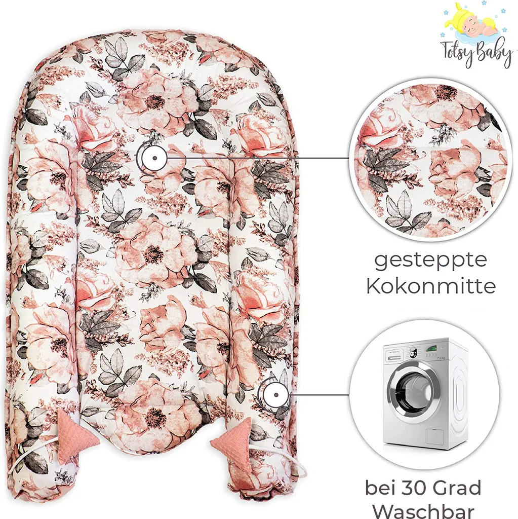 Babynest Neugeborene Nestchen Baby 90x50 Cm - Kokon Handmade Zweiseitig Aus Baumwolle Waffel Mit Babynestchen Wilde Rose Rosa – Bild 7