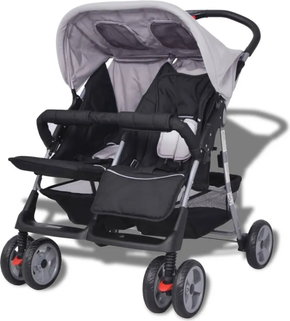 VidaXL Baby Zwillingswagen Stahl Grau Und Schwarz – Bild 5