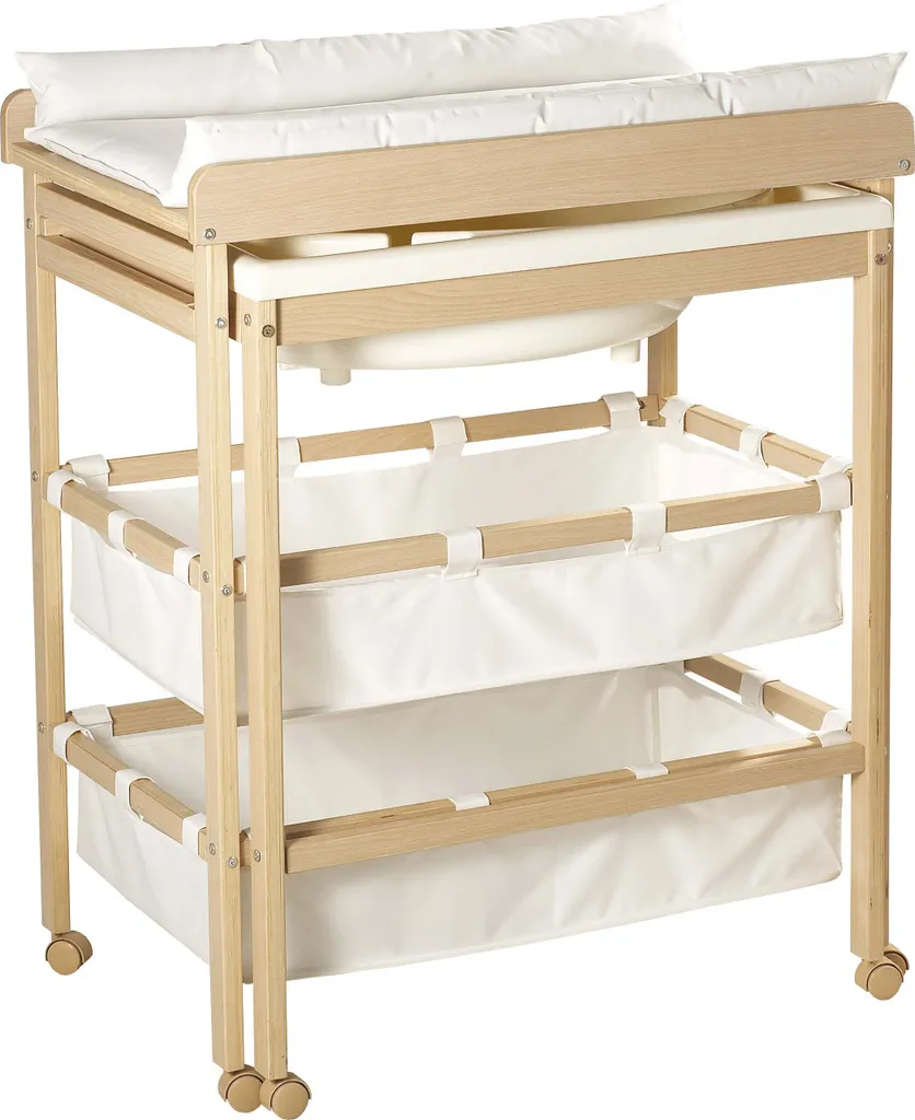 Roba Bade-Wickelkombi Baby Pool, Wickeltisch Ausziehbar Mit Badewanne, Holz Natur, Auflage Weiß – Bild 2