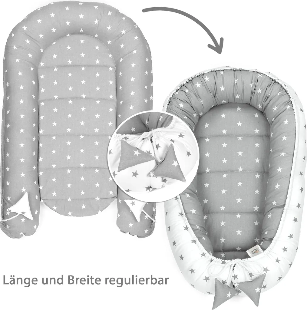 Babynest Kokon Neugeborene 90 X 50 Cm - Handmade Kuschelnest Baby Nestchen Aus Baumwolle Sternchen Grau-Weiß – Bild 8