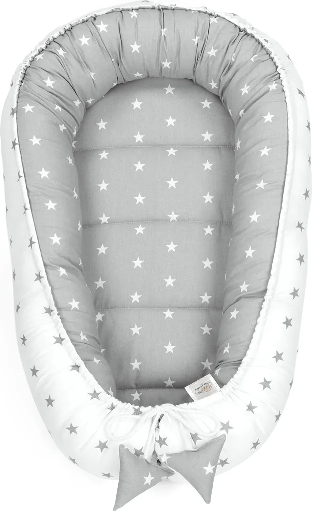 Babynest Kokon Neugeborene 90 X 50 Cm - Handmade Kuschelnest Baby Nestchen Aus Baumwolle Sternchen Grau-Weiß – Bild 3