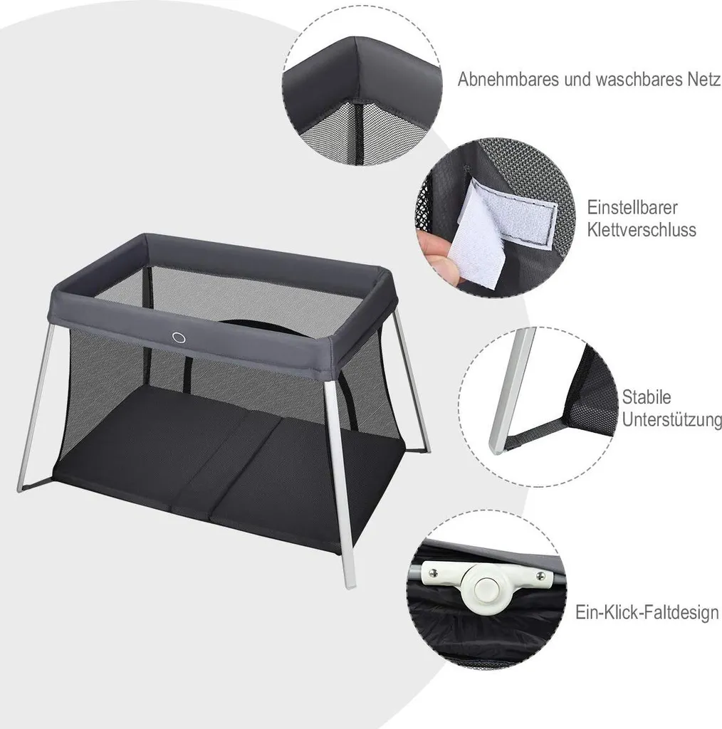 COSTWAY Babybett Klappbar, Reisebett Mit Matratze Und Tragetasche, Laufstall, Babyreisebett, Spielstall, Netzlaufgitter Für Kleinkinder, Säuglinge Und Neugeborene Dunkelgrau – Bild 3