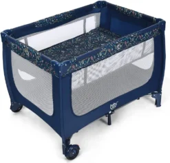 COSTWAY 2 In 1 Reisebett & Laufstall Klappbar, 120 X 60cm Kinderbett, 2 Ebenen Babybett Mit Matratze Und Tragetasche (Blau)