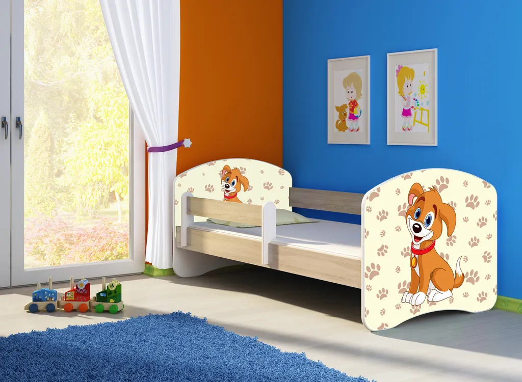 ACMA Jugendbett Kinderbett Junior-Bett Komplett-Set Mit Matratze Lattenrost Und Rausfallschutz Sonoma 11 Welpe 140x70