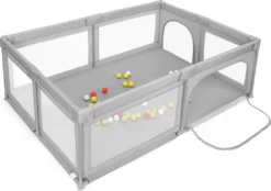 COSTWAY Baby Laufstall Mit 50 Bällen & 2 Türen, Laufgitter Mit Atmungsaktivem Netz Und Reißverschluss, Krabbelgitter, Laufgitterzelt Für Säuglinge Und Kleinkinder (Grau)