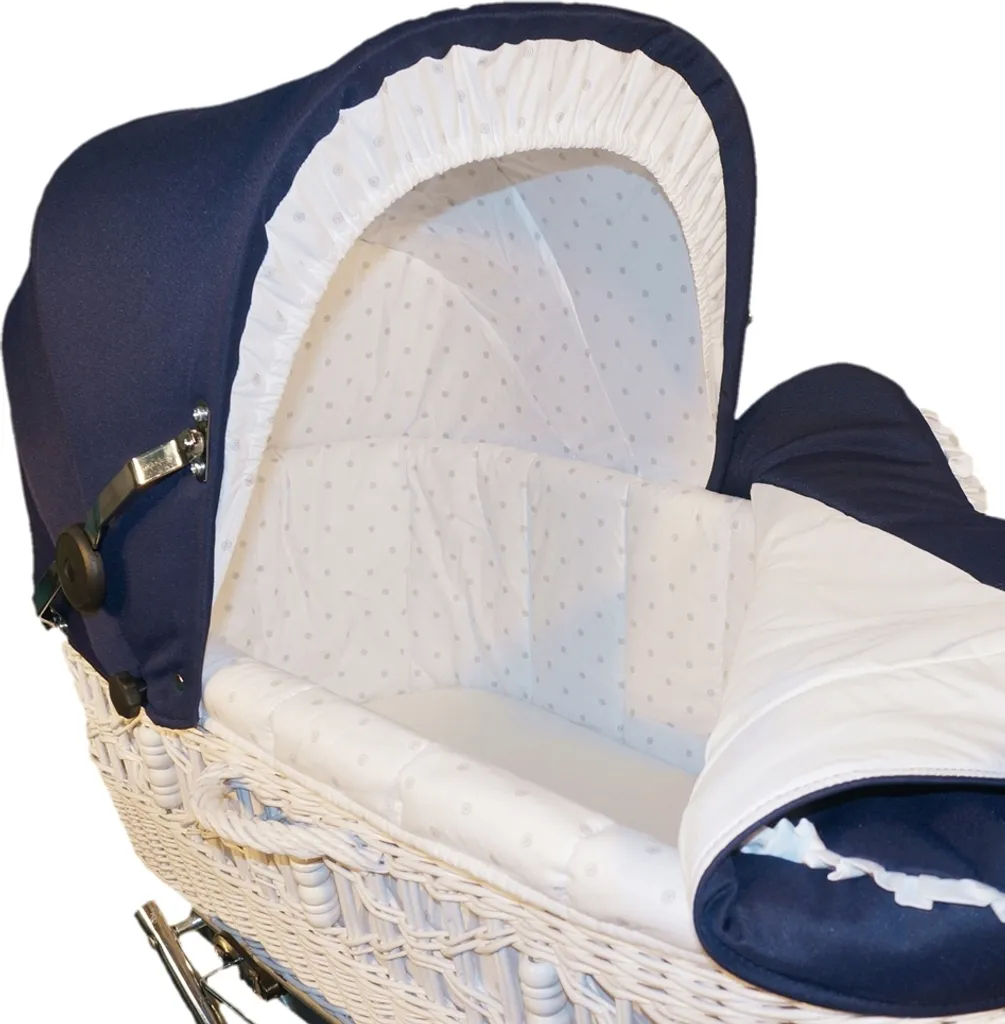 Eichhorn Korbkinderwagen Senator Mit Handgeflochtenem Weidenkorb (weiß) Und Bezugstoff In Marineblau Mit Klassischem Lederriemengestell – Bild 4