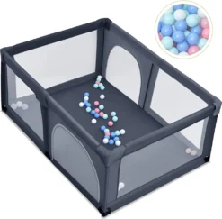 COSTWAY 120 X 190cm Baby Laufstall Mit 50 Spielbällen, Laufgitter Mit Atmungsaktivem Netz Und Reißverschluss, Krabbelgitter 2 Türen, Laufgitterzelt Für Säuglinge Und Kleinkinder (Dunkelgrau)