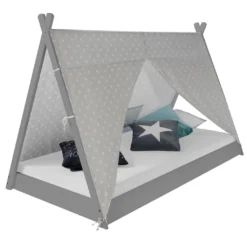 Homestyle4u 1967, Kinderbett 90x200 Cm, Tipi Zelt Grau Mit Sterne, Holz Kiefer