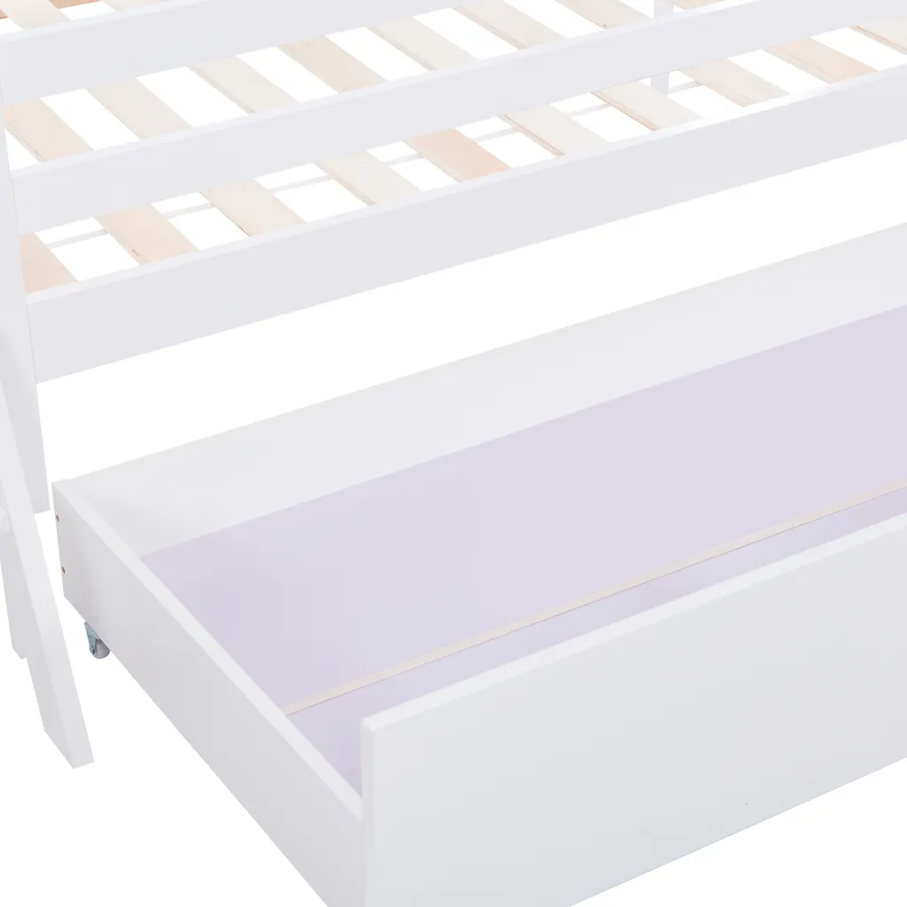 Merax Kinderbett Miki Hochbett Mit Leiter Und Schubladen, Inkl. Lattenrost Und Rausfallschutz, Hausbett 160x80cm Kinderhaus Jugendbett Spielbett Aus Massivholz, Weiß – Bild 9