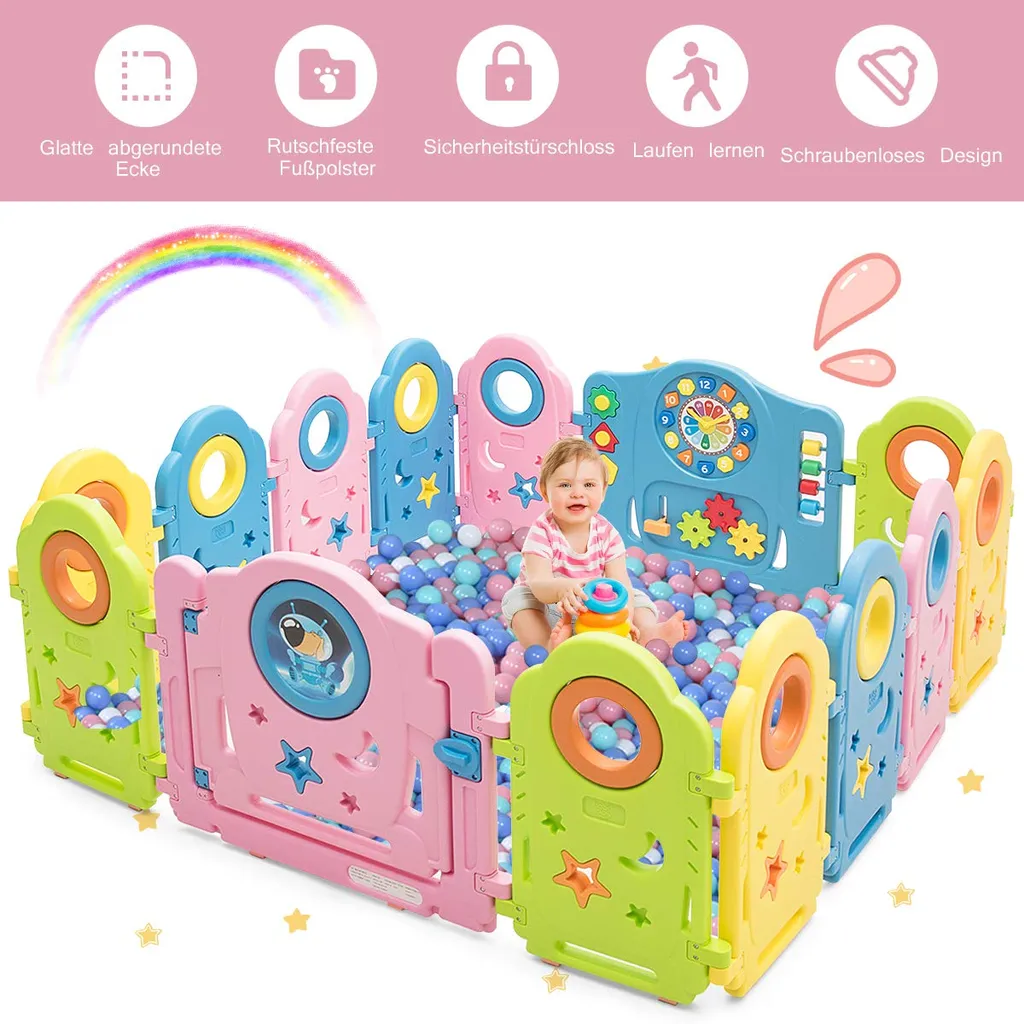 COSTWAY 14 Paneele Laufgitter, Baby Laufstall Mit Tür Und Spielzeugboard, Absperrgitter Mit Sicherheitsschloss, Krabbelgitter Spielzaun Für Kinder 6 Monate-6 Jahre Alt – Bild 2