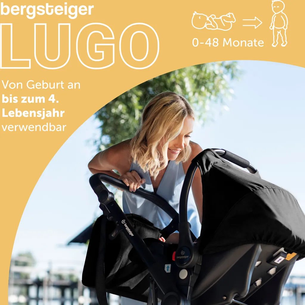 Bergsteiger Lugo Kinderwagen, Farbe: Black / Gestell: Black, Kombikinderwagen Komplettset Inkl. Zubehör - Babyschale, Buggy-Aufsatz, Sonnenschutz & Wetterfußsack | Isofix Station Erhältlich – Bild 2