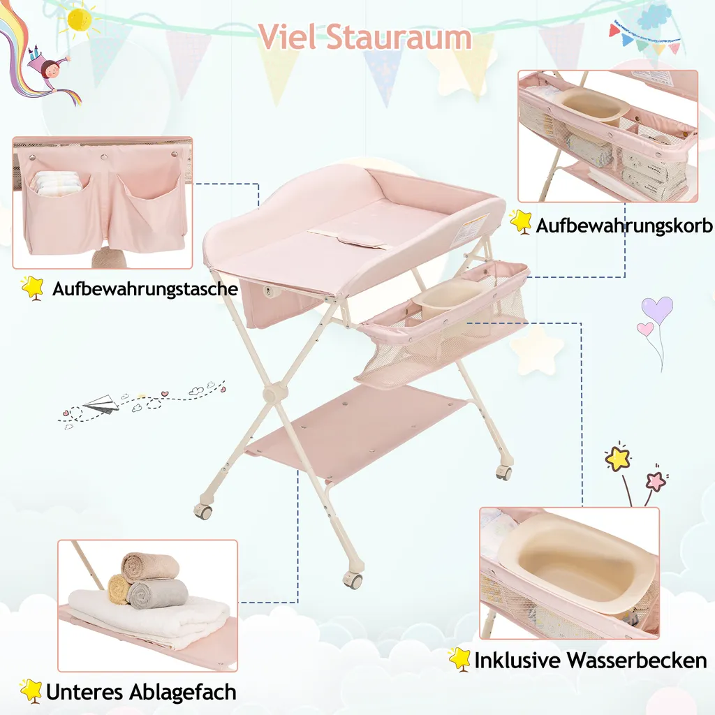 COSTWAY Klappbare Wickeltisch, Höhenverstellbarer Wickelstation Mit Stauraum & Abnehmbaren Feststellbaren Rädern & Sicherheitsgurt & Wasserbecken, Mobile Wickelkommode Für Baby (Rosa) – Bild 4