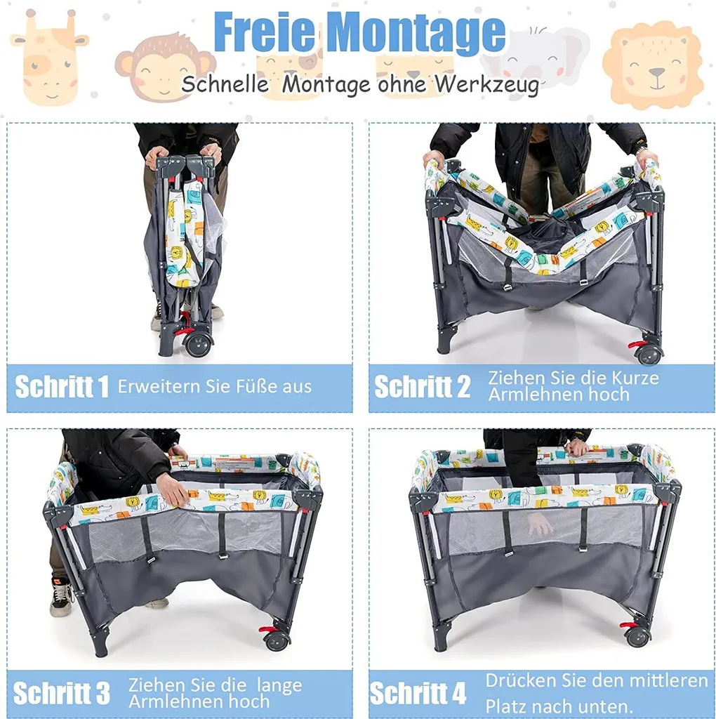 5 In 1 Babybett Mit Matratze, Reisebett Baby Mit Wickeltisch, Spieluhr Und Spielzeug, Laufstall | Beistellbett | Babyschaukel Für Baby Ab Geburt (Grau) – Bild 4