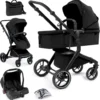 Bergsteiger Lugo Kinderwagen, Farbe: Black / Gestell: Black, Kombikinderwagen Komplettset Inkl. Zubehör - Babyschale, Buggy-Aufsatz, Sonnenschutz & Wetterfußsack | Isofix Station Erhältlich