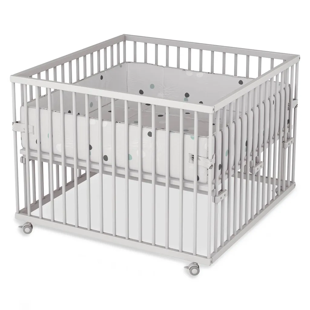 Sämann Laufgitter 100x100 Cm Mit Einlage - Stufenlos Höhenverstellbar Laufstall Baby Buche Weiß - Dots Grey