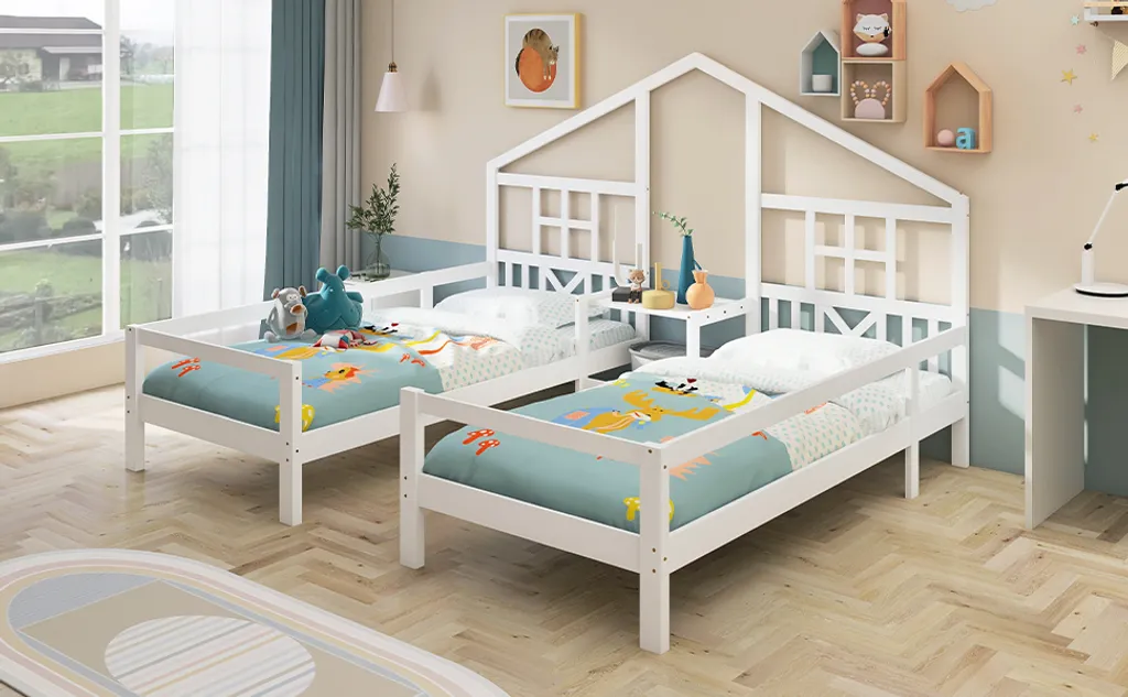 Merax Kinderbett 90x200cm/90x200cm Hausbett Mit Lattenrost, Rausfallschutz Und Tisch, 2 Einzelbetten Jugendbetten Doppelbett Für 2 Kinder, Weiß – Bild 11