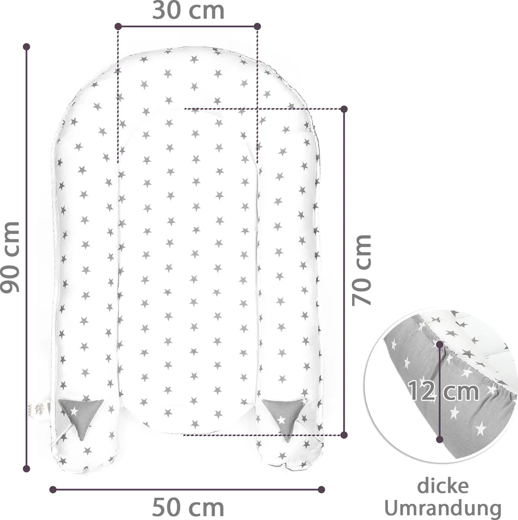 Babynest Kokon Neugeborene 90 X 50 Cm - Handmade Kuschelnest Baby Nestchen Aus Baumwolle Sternchen Grau-Weiß – Bild 10