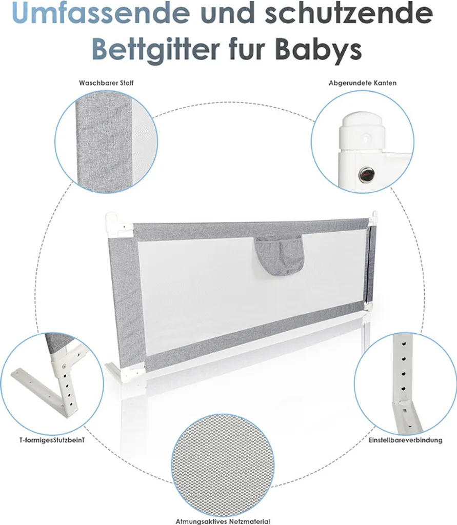 Lospitch Bettgitter 180*80 Cm Bettschutzgitter Kinderbettgitter Für Kinder Babybettgitter Höhenverstellbar Klappbar Passend Für Kinderbetten, Elternbetten Anti-Fall Für Baby Kinder - Grau Schutzgitter-Zubehör – Bild 3