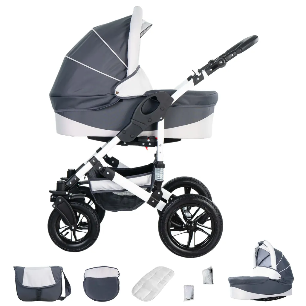 Friedrich Hugo Hamburg | 3 In 1 Kombi Kinderwagen Set | Luftreifen | Farbe: Grey & White – Bild 2