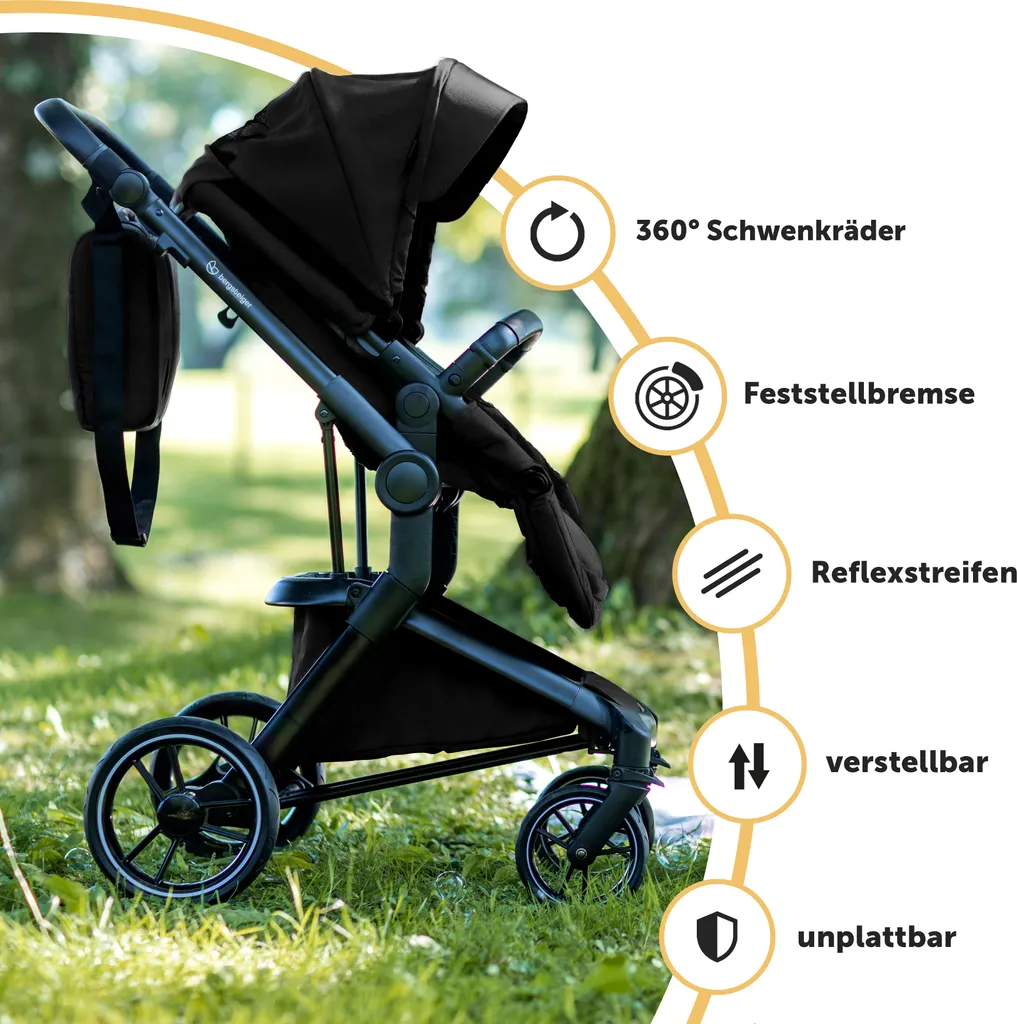 Bergsteiger Lugo Kinderwagen, Farbe: Black / Gestell: Black, Kombikinderwagen Komplettset Inkl. Zubehör - Babyschale, Buggy-Aufsatz, Sonnenschutz & Wetterfußsack | Isofix Station Erhältlich – Bild 7