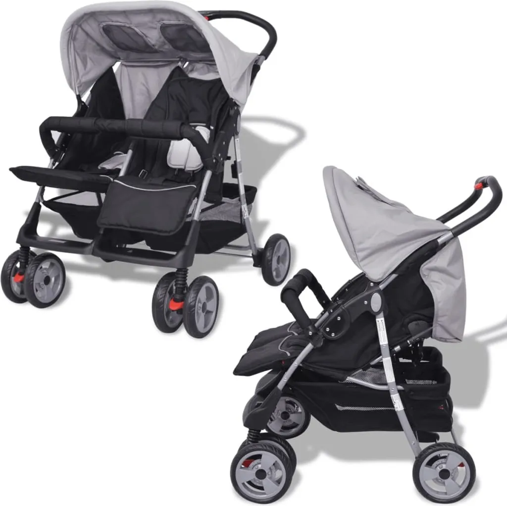 VidaXL Baby Zwillingswagen Stahl Grau Und Schwarz – Bild 2