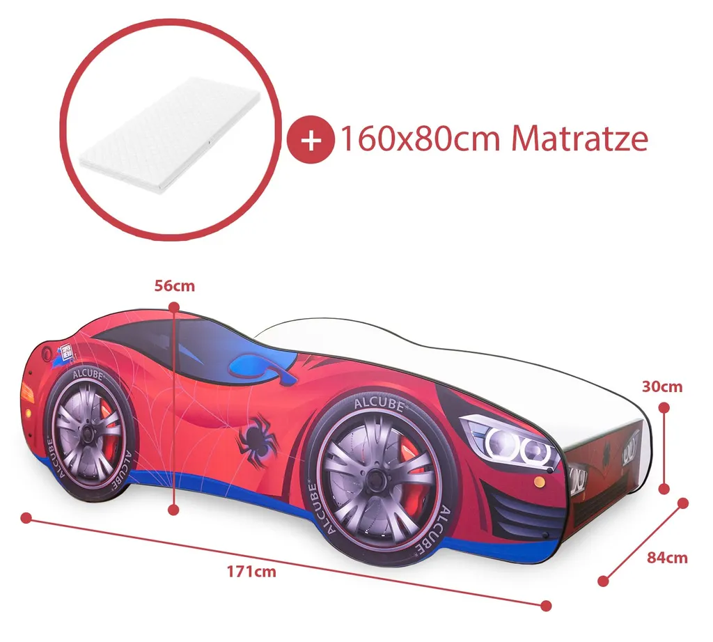 Alcube® Autobett 80x160 Cm PKW Spider CAR Mit Matratze Und Lattenrost Spielbett Kinderbett 80x160 Cm Für Kleine Spinnenmann - Rot – Bild 2