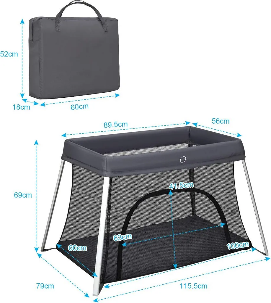 COSTWAY Babybett Klappbar, Reisebett Mit Matratze Und Tragetasche, Laufstall, Babyreisebett, Spielstall, Netzlaufgitter Für Kleinkinder, Säuglinge Und Neugeborene Dunkelgrau – Bild 4