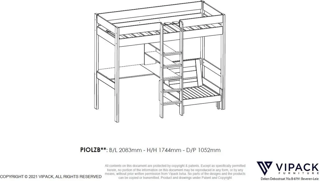 Vipack Hochbett Pino Mit Schreibplatte Und Sesselbett - Kiefer Massiv Weiß Lackiert, Maße: 208 Cm X 175 Cm X 206 Cm; PIOLZB14 – Bild 11
