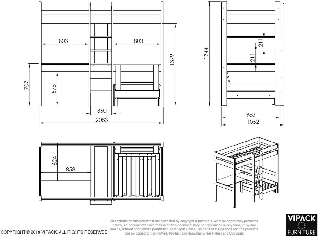 Vipack Hochbett Pino Mit Schreibplatte Und Sesselbett - Kiefer Massiv Weiß Lackiert, Maße: 208 Cm X 175 Cm X 206 Cm; PIOLZB14 – Bild 15
