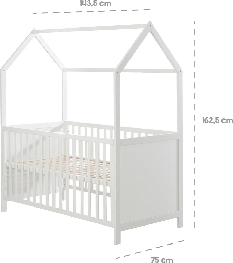 Roba Hausbett 70 X 140 Cm, Kombi-Kinderbett In Hausoptik, Weiß, 3-fach Verstellbar, Schlupfstäbe, Umbaubar Zum Juniorbett – Bild 7