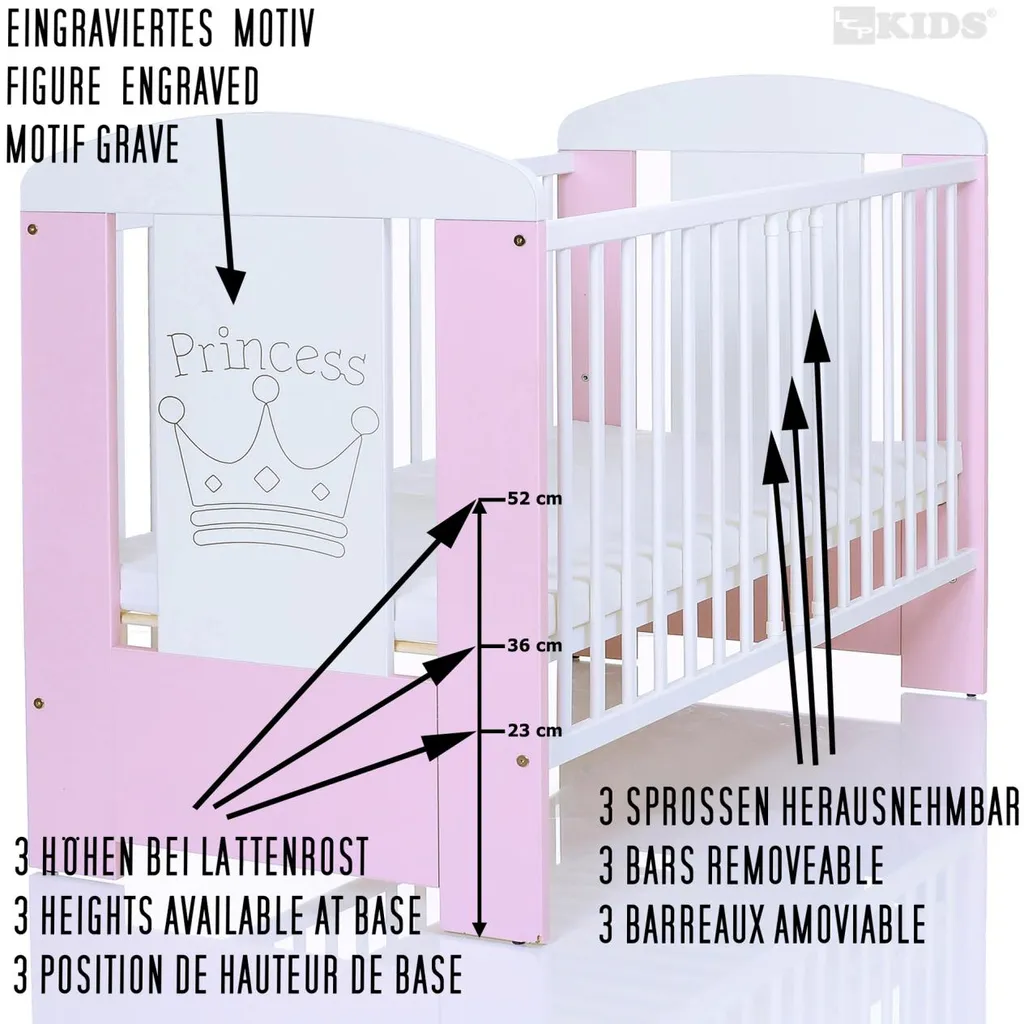 Gitterbett Mit Matratze & Kleiner Prinzessin Gravur 120x60cm | 3 Ausziehbare Sprossen | 3-Stufen-Verstellung | Kiefernholz | Für Mädchen Und Junge| Rosa – Bild 5