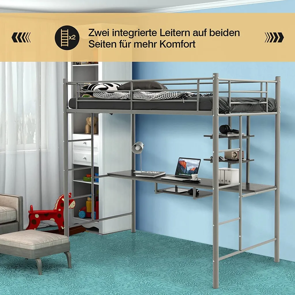 COSTWAY Hochbett Mit Schreibtisch, Etagenbett Mit 2 Leitern, Stockbett Aus Metall, Bettrahmen Für Teenager Und Erwachsene (Silber) – Bild 4