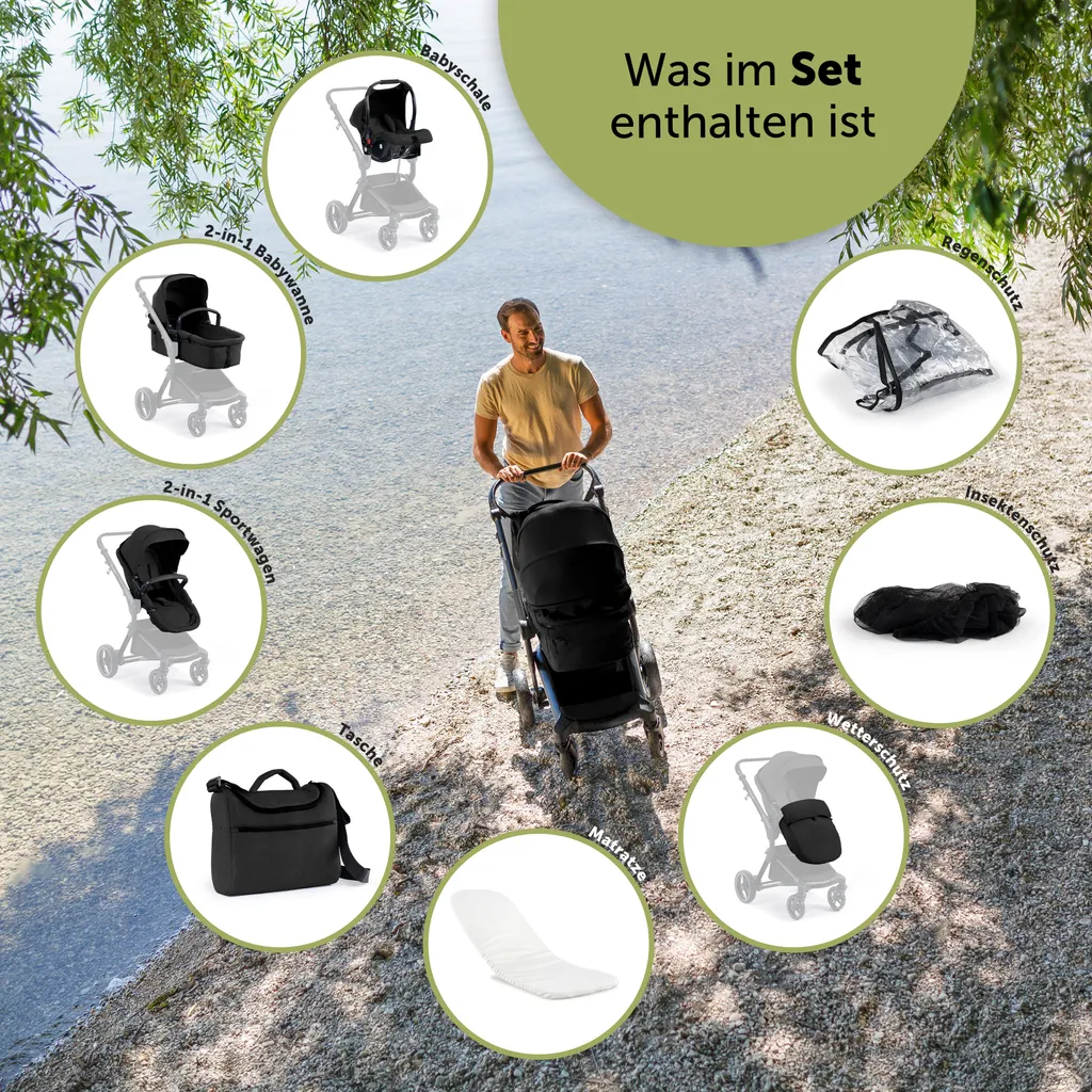 Bergsteiger Lugo Kinderwagen, Farbe: Black / Gestell: Black, Kombikinderwagen Komplettset Inkl. Zubehör - Babyschale, Buggy-Aufsatz, Sonnenschutz & Wetterfußsack | Isofix Station Erhältlich – Bild 3