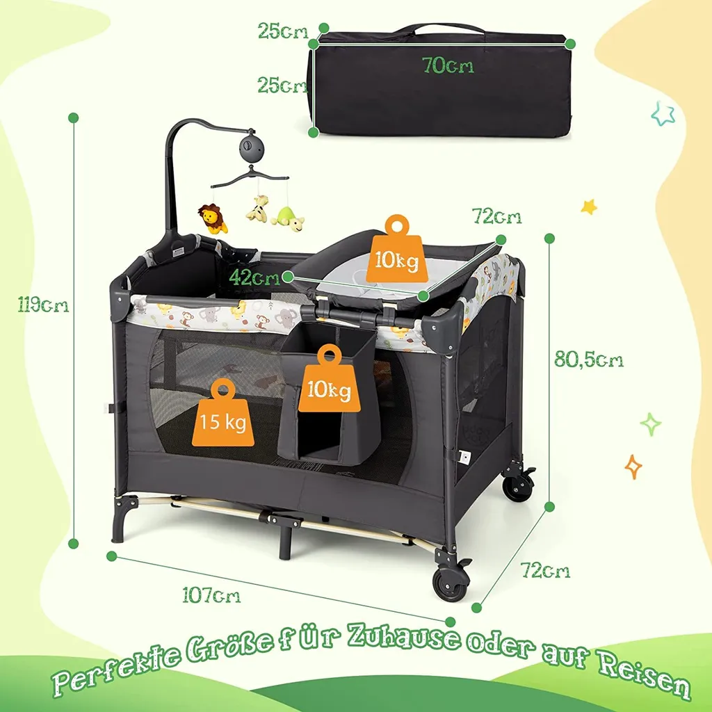 COSTWAY 4 In 1 Klappbares Reisebett & Beistellbett & Wickeltisch & Laufstall Rollbar, 2 Ebenen Babybett Inkl. Spielbogen, Matratze, Wickelauflage, Windelaufbewahrung Und Spieluhr (Hellgrau) â Bild 4