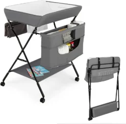 COSTWAY 4-in-1-Wickeltisch Für Baby Mit Rädern, Klappbarer Wickelkommode Für Neugeborene Mit 3-stufiger Höhenverstellung & Aufbewahrungstasche & Ablage, Wickelstation Für Kleinkinder (Grau)