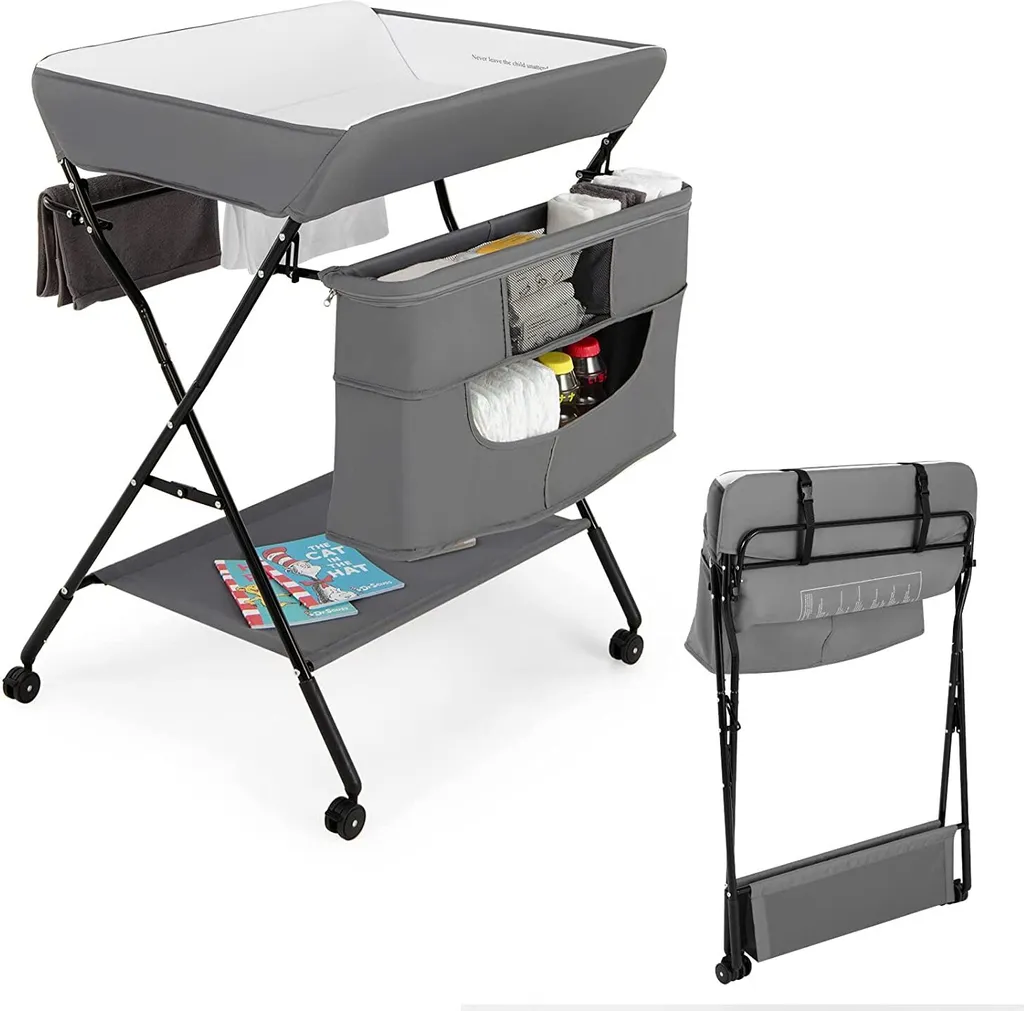 COSTWAY 4-in-1-Wickeltisch Für Baby Mit Rädern, Klappbarer Wickelkommode Für Neugeborene Mit 3-stufiger Höhenverstellung & Aufbewahrungstasche & Ablage, Wickelstation Für Kleinkinder (Grau)