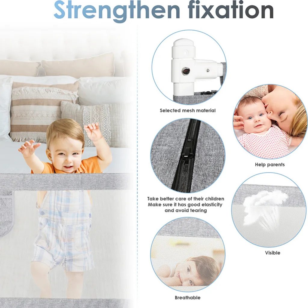 Lospitch Bettgitter 180*80 Cm Bettschutzgitter Kinderbettgitter Für Kinder Babybettgitter Höhenverstellbar Klappbar Passend Für Kinderbetten, Elternbetten Anti-Fall Für Baby Kinder - Grau Schutzgitter-Zubehör – Bild 6