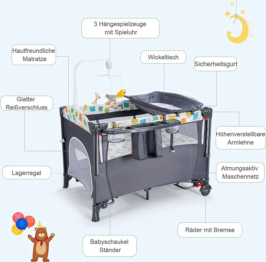 5 In 1 Babybett Mit Matratze, Reisebett Baby Mit Wickeltisch, Spieluhr Und Spielzeug, Laufstall | Beistellbett | Babyschaukel Für Baby Ab Geburt (Grau) – Bild 3