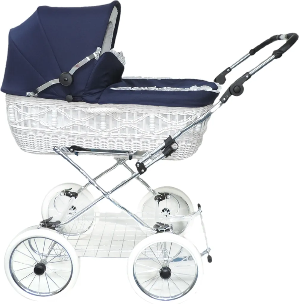 Eichhorn Korbkinderwagen Senator Mit Handgeflochtenem Weidenkorb (weiß) Und Bezugstoff In Marineblau Mit Klassischem Lederriemengestell – Bild 2